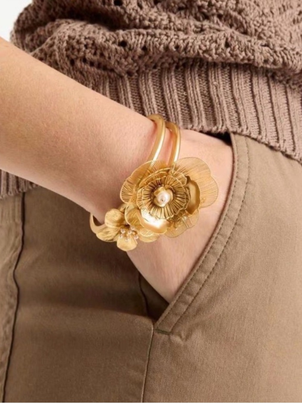 Gold Filigree Floral Pearl Accent Hinge Cuff Bracelet NWT
